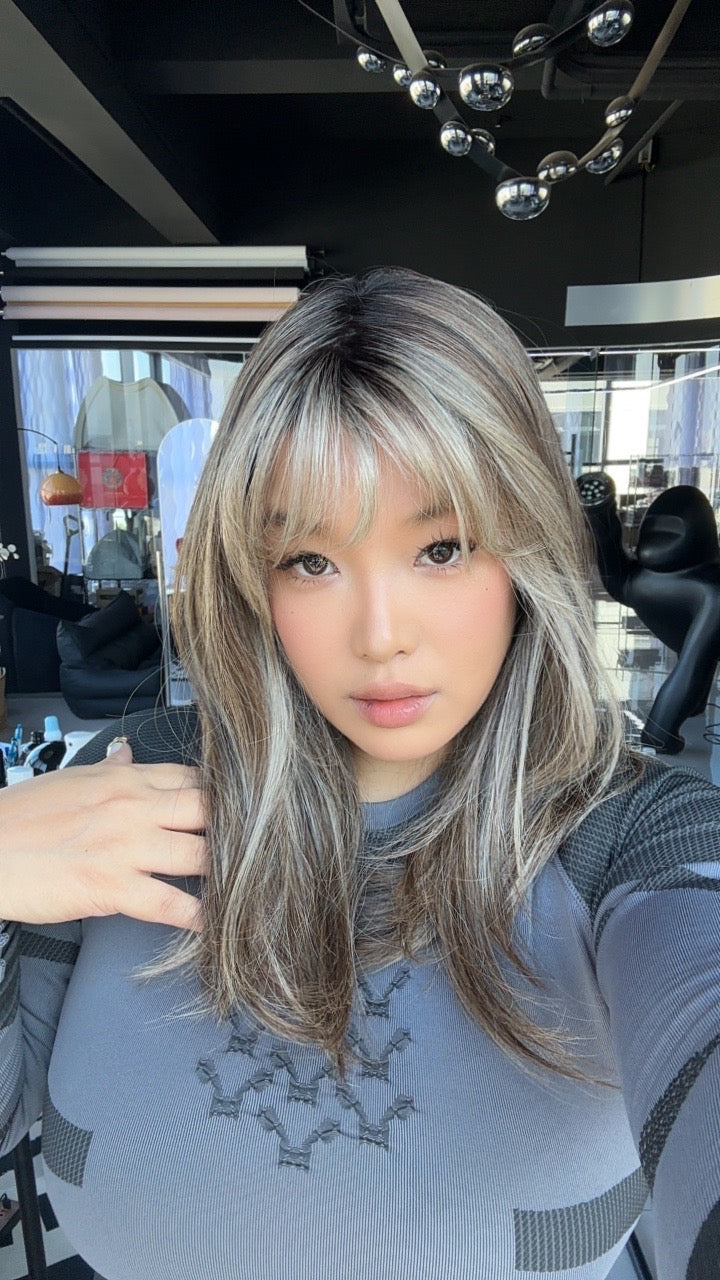 JBEXTENSION 17 Inches Dark Mix Blonde Pre-Cut Arc Snowflake Lace Frontlace Glueless Wig with Bangs PATRICIA【BENDY EAR TABS】