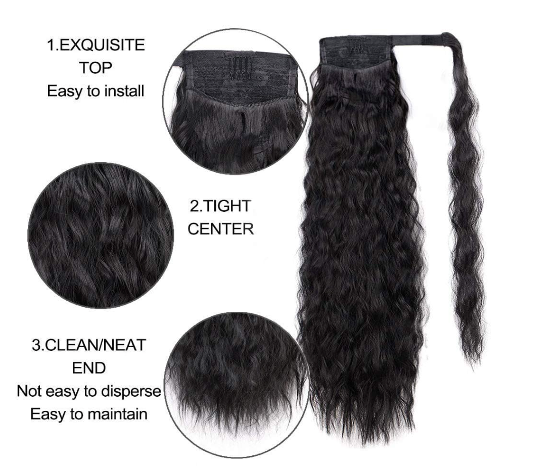 JBEXTENSION Long Corn Wave Ponytail Extension Magic Paste Heat Resistant Wavy Synthetic Wrap Around Ponytail Black Hairpiece for Women (22 Inch)