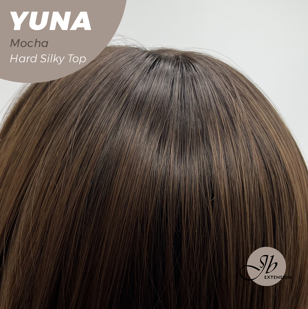 JBEXTENSION 12 Inches Scalpiana Mocha 3.5X4 Hard Silky Top Natural Scalp Effect Women Wig With Bangs YUNA MOCHA