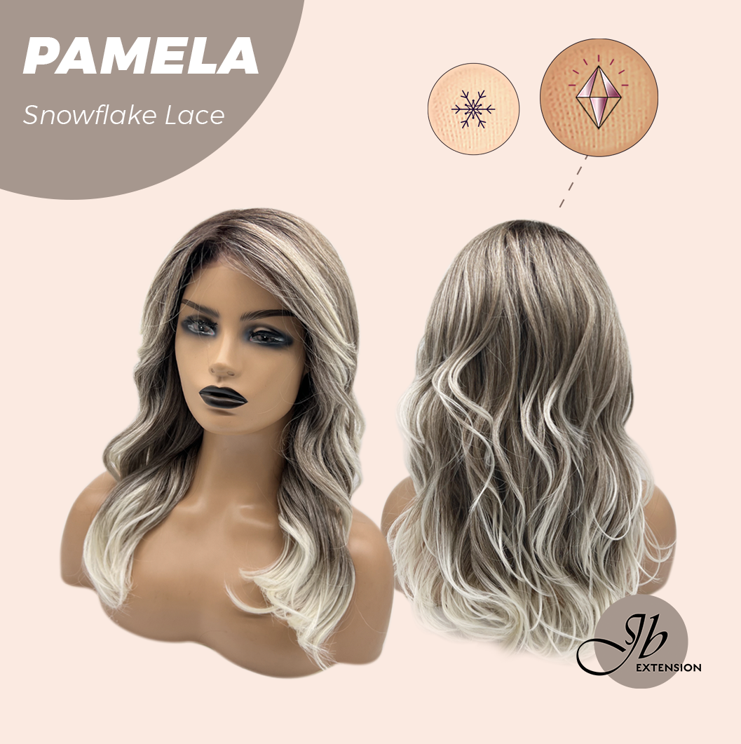 JBEXTENSION 18 Inches Curly Smog Ash Grey Pre-Cut Side Part Snowflake Lace Frontlace Black Sapphire Glueless Wig PAMELA - BLACK SAPPHIRE【BENDY EAR TABS】
