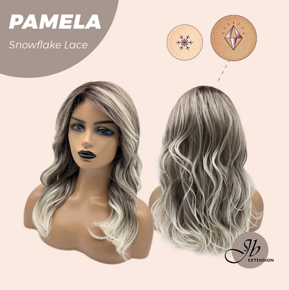 JBEXTENSION 18 Inches Curly Smog Ash Grey Pre-Cut Side Part Snowflake Lace Frontlace Black Sapphire Glueless Wig PAMELA - BLACK SAPPHIRE【BENDY EAR TABS】