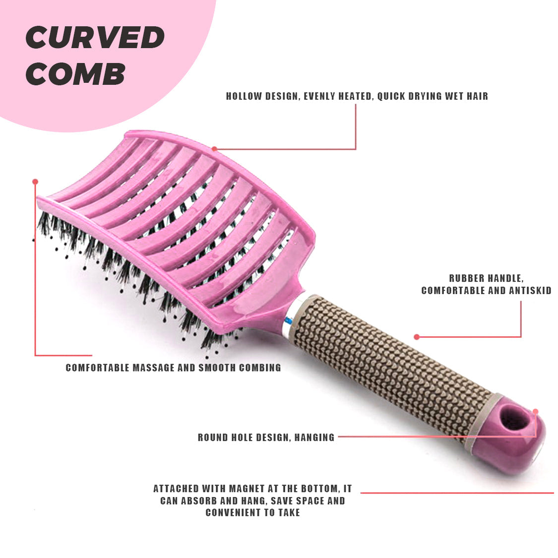JBEXTENSION Curved Boar Bristle Hair Brush Professional Detangling Hairbrush Head Massage Comb Hairdressing Styling Comb