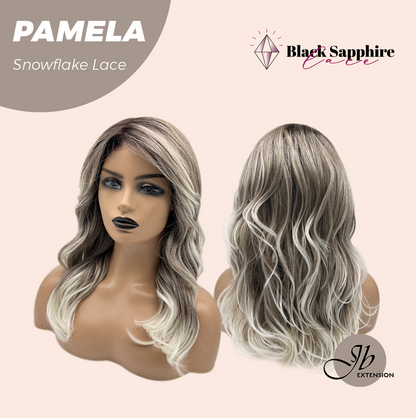 JBEXTENSION 18 Inches Curly Smog Ash Grey Pre-Cut Side Part Snowflake Lace Frontlace Black Sapphire Glueless Wig PAMELA - BLACK SAPPHIRE【BENDY EAR TABS】