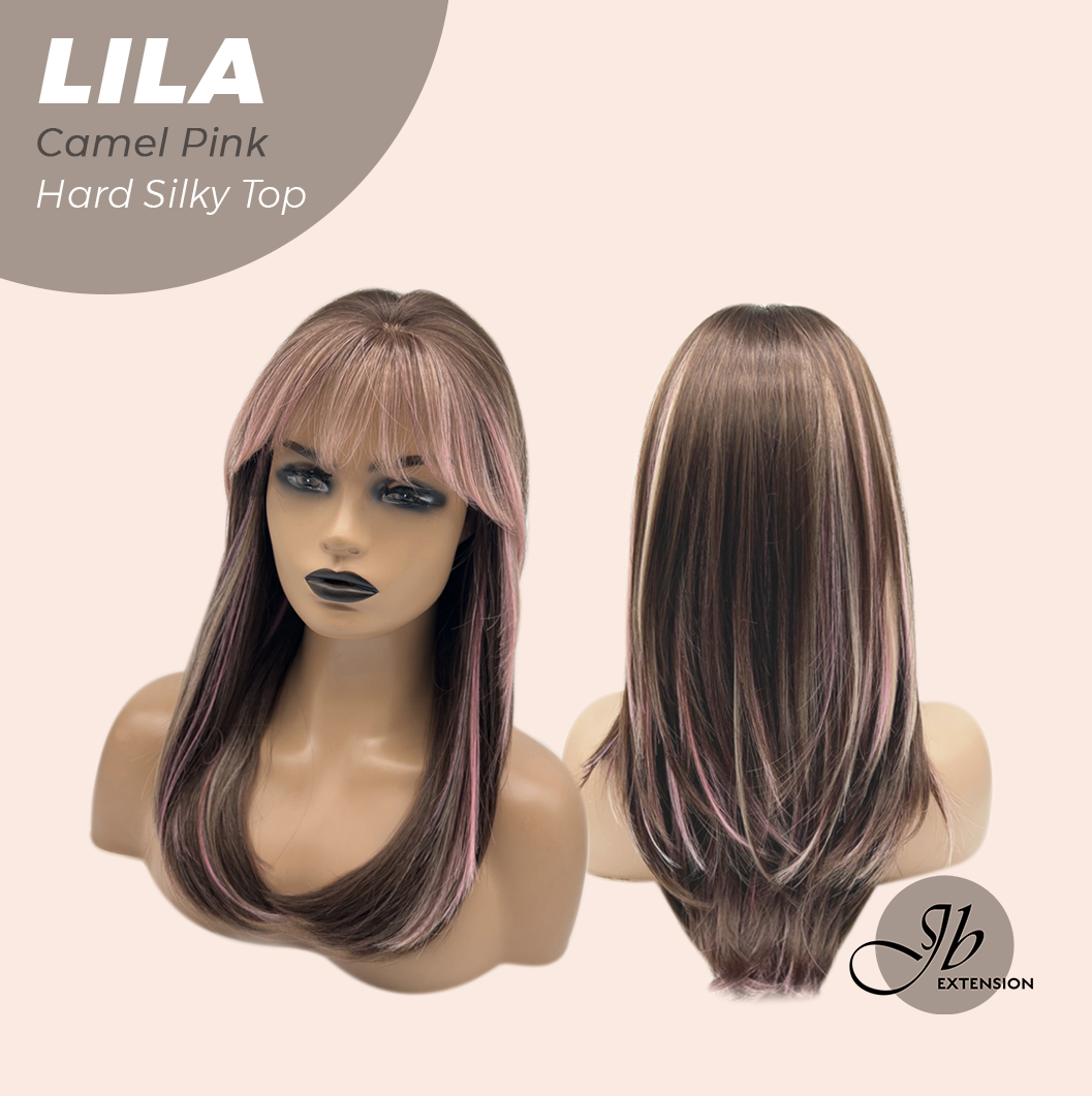 JBEXTENSION 20 Inches Scalpiana Camel Pink Wolf Cut 3.5X4 Hard Silky Top Natural Scalp Effect Wig With Bangs LILA CAMEL PINK