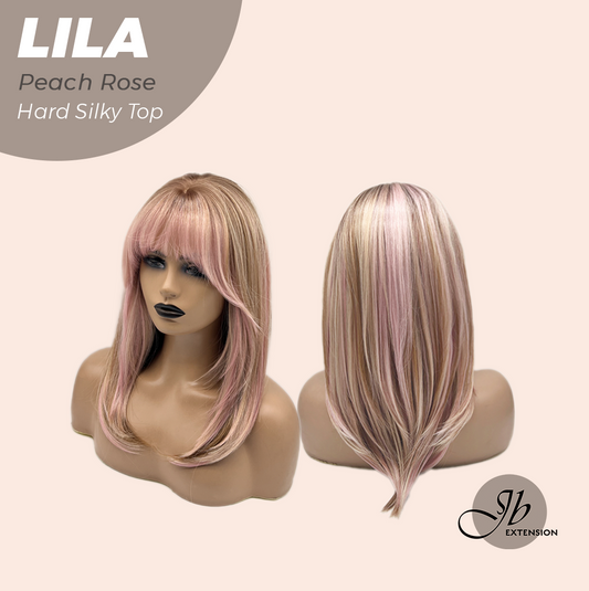 JBEXTENSION 20 Inches Scalpiana Peach Rose Wolf Cut 3.5X4 Hard Silky Top Natural Scalp Effect Wig with Bangs LILA PEACH ROSE