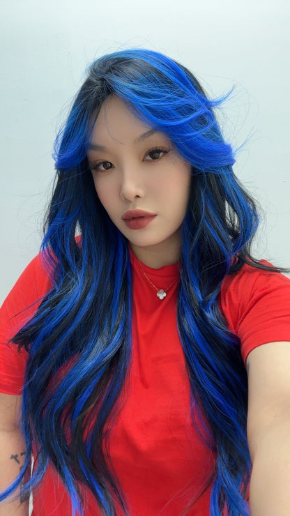 JBEXTENSION 28 Inches Long Black With Blue Highlight Wave Wig With Bangs BLUEBERRY
