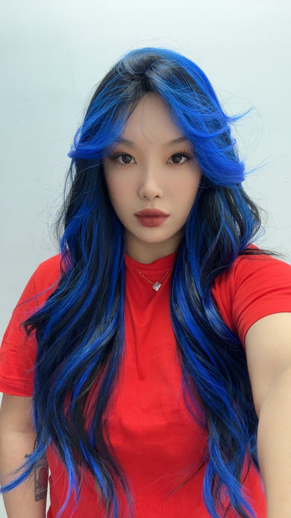 Get the Influencer Look with 28 Inches Long Black With Blue Highlight Wave Wig With Bangs BLUEBERRY