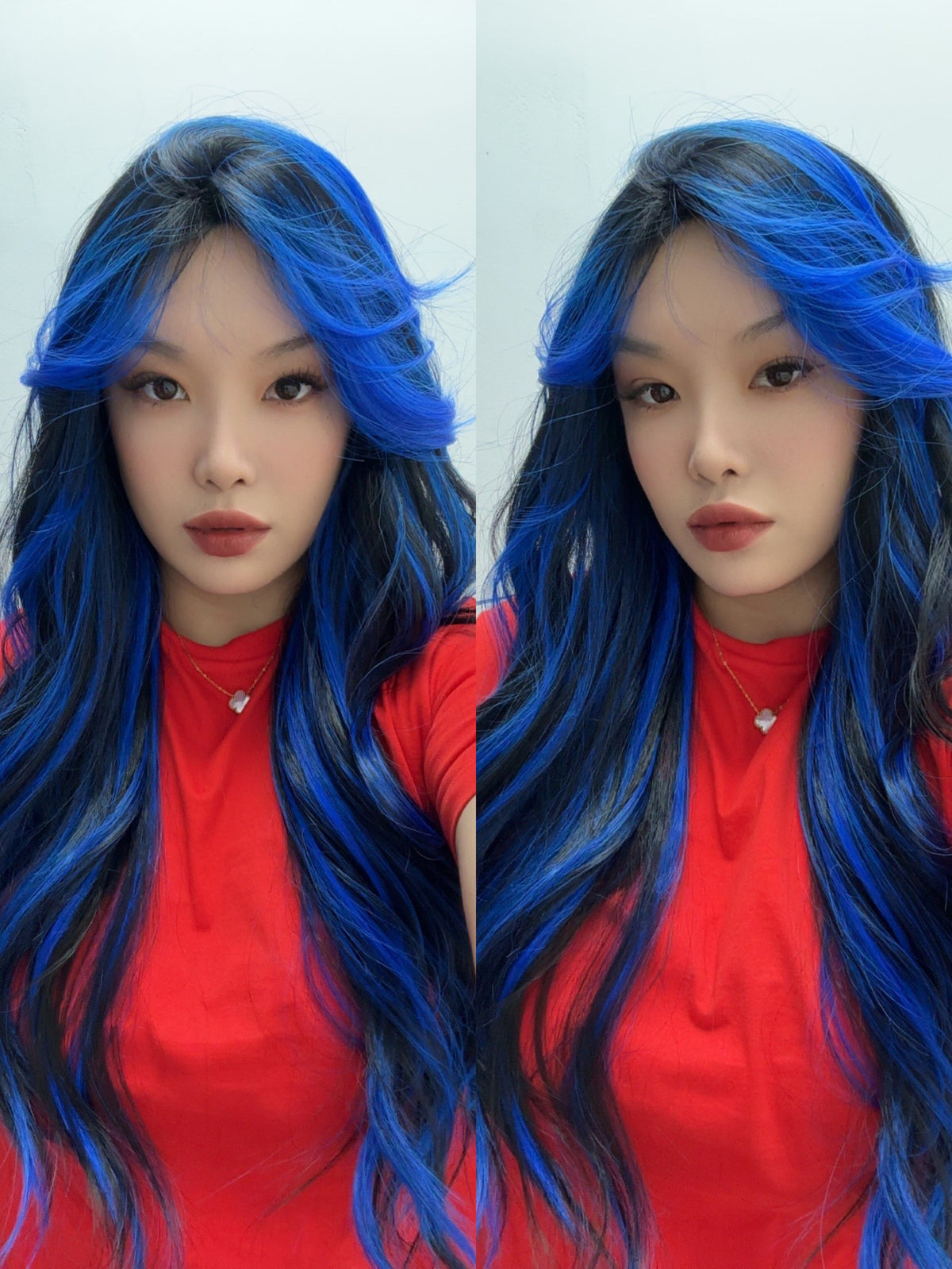 JBEXTENSION 28 Inches Long Black With Blue Highlight Wave Wig With Bangs BLUEBERRY