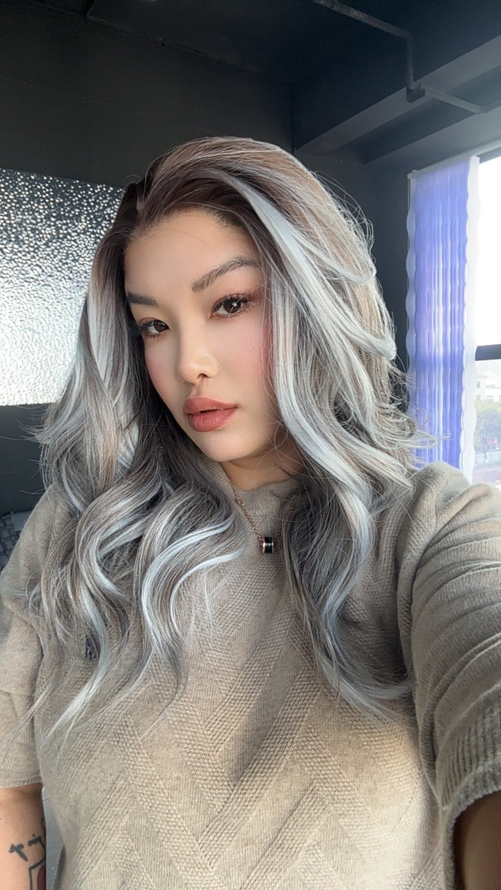 JBEXTENSION 20 Inches Brown with Grey Highlight Curly Fiber X, Tangle Less Pre-Cut Free Part Frontlace Glueless Wig ALESSANDRA GREY【FIBER X】