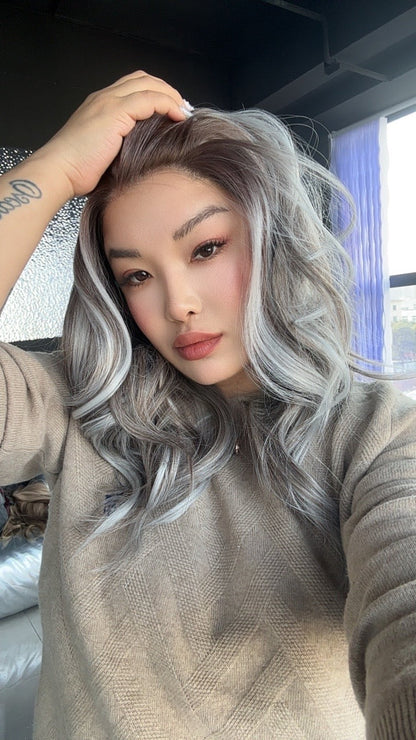 JBEXTENSION 20 Inches Brown with Grey Highlight Curly Fiber X, Tangle Less Pre-Cut Free Part Frontlace Glueless Wig ALESSANDRA GREY【FIBER X】