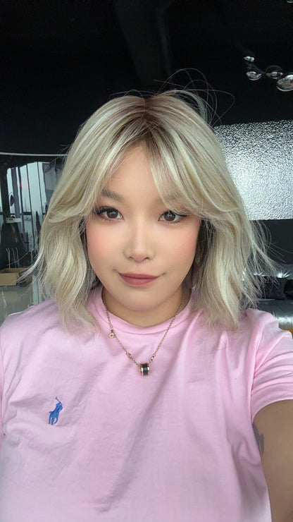 HOT OF SEASON - BONNIE MONO Full Monofilament Handmade Full Lace Full Hand Tied Wig 12 Inches Golden Blonde With Dark Root Mono Lace Handmade Futura Fiber Glueless Wig BONNIE MONO GOLDEN BLONDE【BENDY EAR TABS】