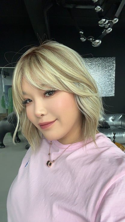 HOT OF SEASON - BONNIE MONO Full Monofilament Handmade Full Lace Full Hand Tied Wig 12 Inches Mix Blonde With Dark Root Mono Lace Handmade Futura Fiber Glueless Wig BONNIE MONO MIX BLONDE【BENDY EAR TABS】