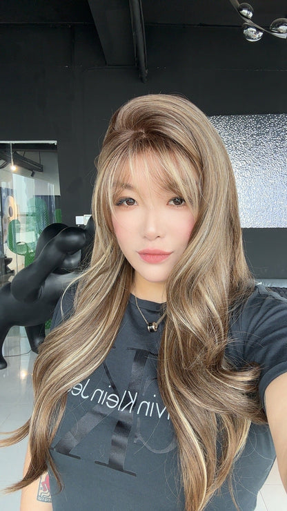 HOT OF SEASON - 25 Inches Scalpiana Hazelnut 3.5X4 Hard Silky Top Natural Scalp Effect Wig With Bangs CATHERINE HAZELNUT