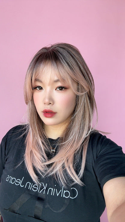JBEXTENSION 20 Inches Scalpiana Apricot Wolf Cut 3.5X4 Hard Silky Top Natural Scalp Effect Wig With Bangs LILA APRICOT