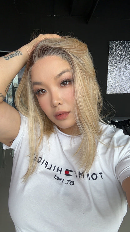 JBEXTENSION 12 Inches Panna Cotta Pre-Cut Side Part Snowflake Lace Frontlace Glueless Wig ALICE PANNA COTTA【BENDY EAR TABS】