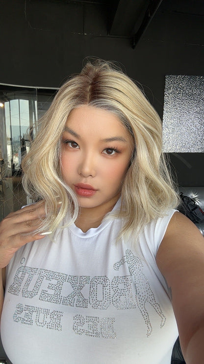 JBEXTENSION 12 Inches Blonde Curly Pre-Cut Side Part Snowflake Lace Frontlace Glueless Wig BARBARA【BENDY EAR TABS】