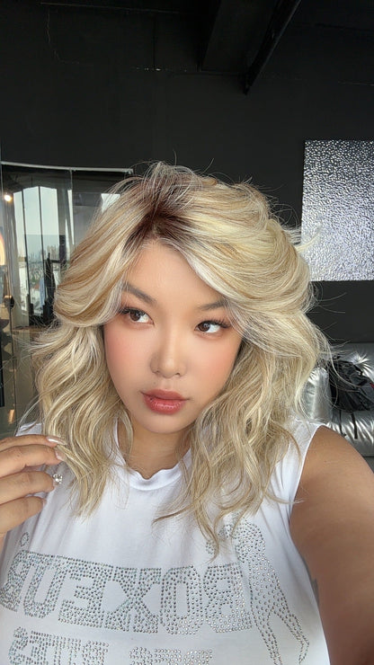 JBEXTENSION 16 Inches Mix Blonde Curly Pre-Cut Side Part Snowflake Lace Frontlace Glueless Wig JESSICA【BENDY EAR TABS】