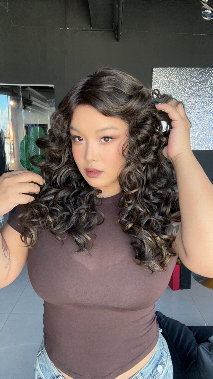 JBEXTENSION FRANKIES MONO Monofilament Handmade Wig 6X5 Full Monofilament Hand Tied Top Wig 19 Inches Dark Brown Highlight Curly Mono Lace Handmade Futura Fiber Glueless Black Sapphire Wig FRANKIES MONO【BENDY EAR TABS】