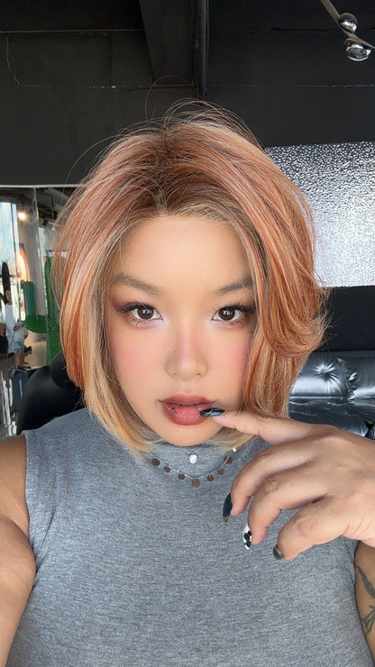 JBEXTENSION 12 Inches Bob Cut Sunset Blush Pre-Cut Snowflake Lace Frontlace Glueless Wig KHLOE SUNSET BLUSH【PERMATEASE】【BENDY EAR TABS】- M/L