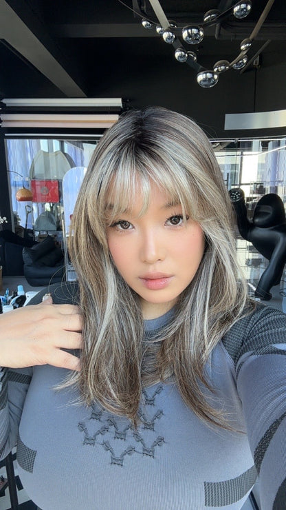 JBEXTENSION 17 Inches Dark Mix Blonde Pre-Cut Arc Snowflake Lace Frontlace Glueless Wig with Bangs PATRICIA【BENDY EAR TABS】