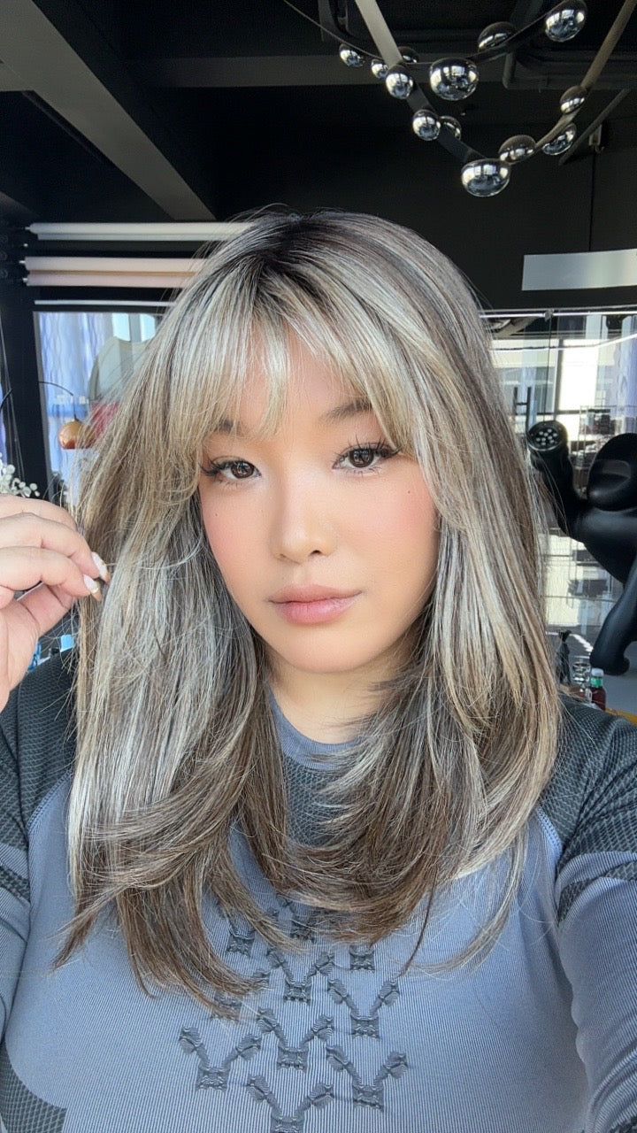 JBEXTENSION 17 Inches Dark Mix Blonde Pre-Cut Arc Snowflake Lace Frontlace Glueless Wig with Bangs PATRICIA【BENDY EAR TABS】