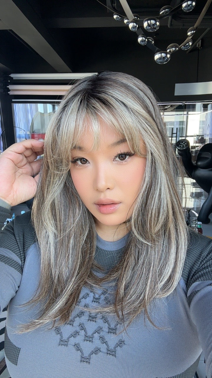 JBEXTENSION 17 Inches Dark Mix Blonde Pre-Cut Arc Snowflake Lace Frontlace Glueless Wig with Bangs PATRICIA【BENDY EAR TABS】