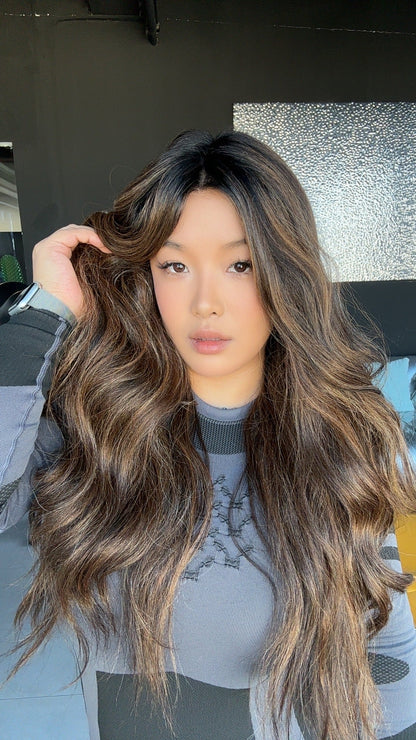 [FINAL SALE] JBEXTENSION NOVA MONO Monofilament Handmade Wig 6X5 Full Monofilament Hand Tied Top Wig 25 Inches Ombre Brown Curly Mono Lace Handmade Futura Fiber Glueless Black Sapphire Wig NOVA MONO【BENDY EAR TABS】