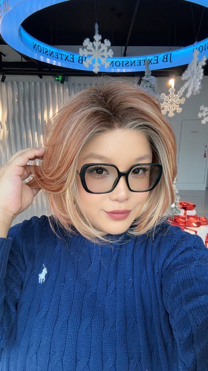JBEXTENSION 12 Inches Bob Cut Sunset Blush Pre-Cut Snowflake Lace Frontlace Glueless Wig KHLOE SUNSET BLUSH【PERMATEASE】【BENDY EAR TABS】- M/L