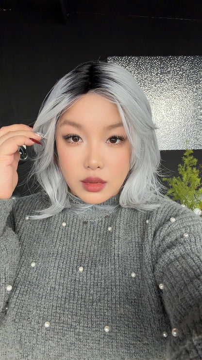 JBEXTENSION 16 Inches Grey Silver with Dark Root Pre-Cut Arc Snowflake Lace Frontlace Glueless Wig AMANDA SNOWFLAKE【BENDY EAR TABS】