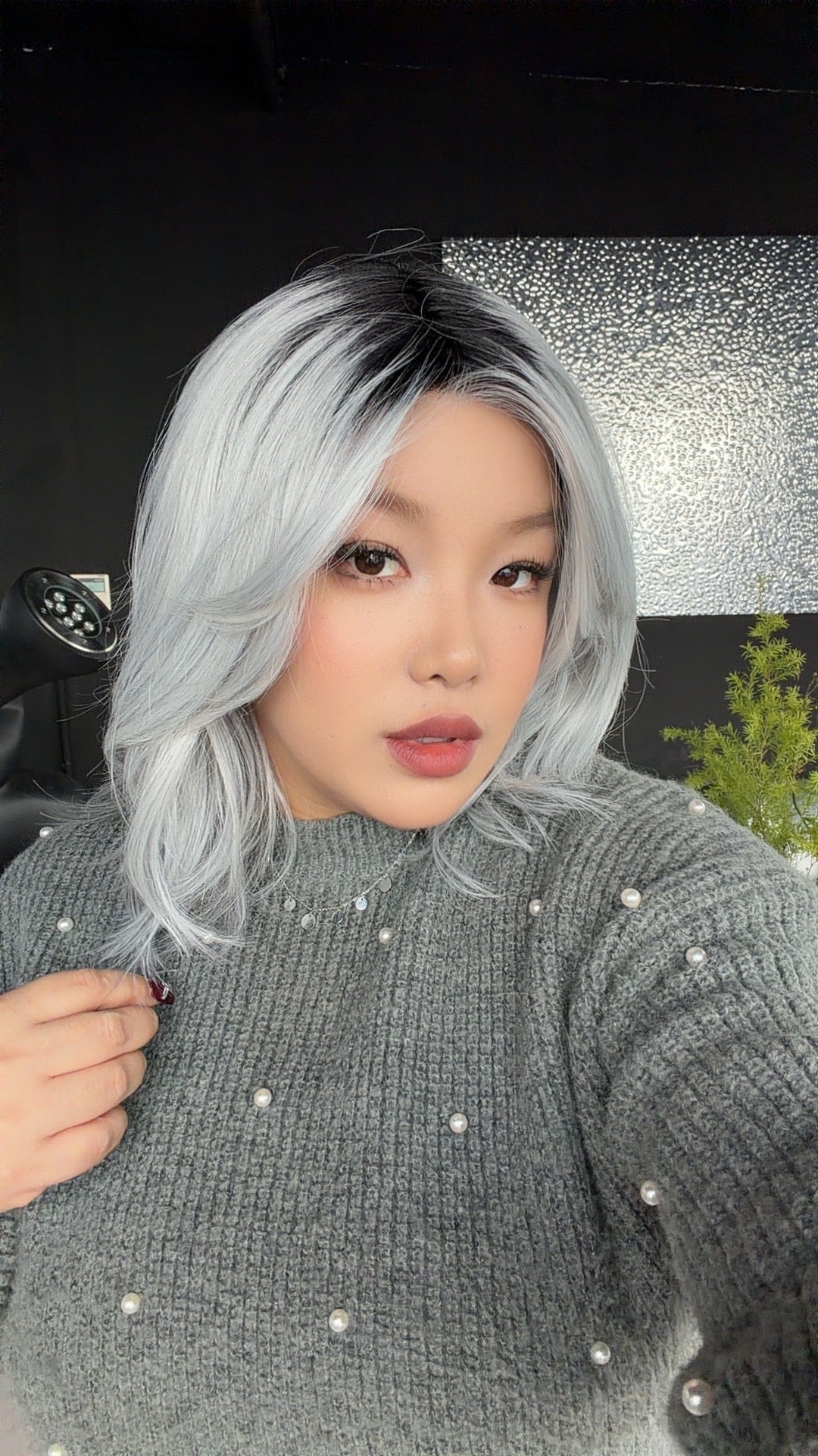 JBEXTENSION 16 Inches Grey Silver with Dark Root Pre-Cut Arc Snowflake Lace Frontlace Glueless Wig AMANDA SNOWFLAKE【BENDY EAR TABS】