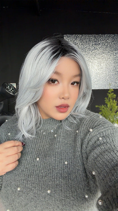 JBEXTENSION 16 Inches Grey Silver with Dark Root Pre-Cut Arc Snowflake Lace Frontlace Glueless Wig AMANDA SNOWFLAKE【BENDY EAR TABS】
