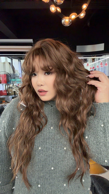 JBEXTENSION 29 Inches Long Body Wave Mocha Brown Wig With Bangs DAPHNE MOCHA BROWN