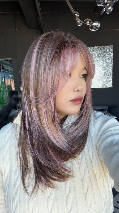JBEXTENSION 20 Inches Scalpiana Camel Pink Wolf Cut 3.5X4 Hard Silky Top Natural Scalp Effect Wig With Bangs LILA CAMEL PINK