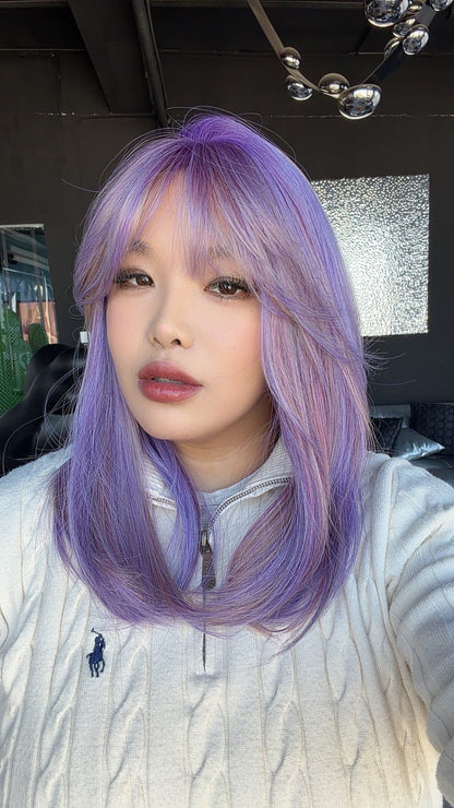 JBEXTENSION 20 Inches Scalpiana Amethy Wolf Cut 3.5X4 Hard Silky Top Natural Scalp Effect Wig With Bangs LILA AMETHY