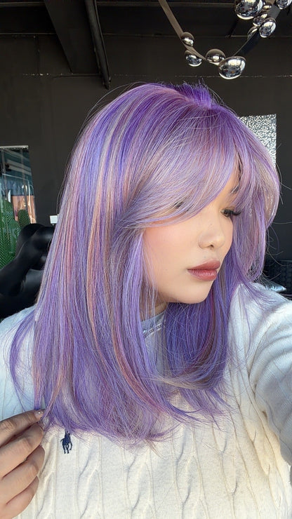 JBEXTENSION 20 Inches Scalpiana Amethy Wolf Cut 3.5X4 Hard Silky Top Natural Scalp Effect Wig With Bangs LILA AMETHY