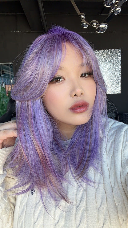 JBEXTENSION 20 Inches Scalpiana Amethy Wolf Cut 3.5X4 Hard Silky Top Natural Scalp Effect Wig With Bangs LILA AMETHY