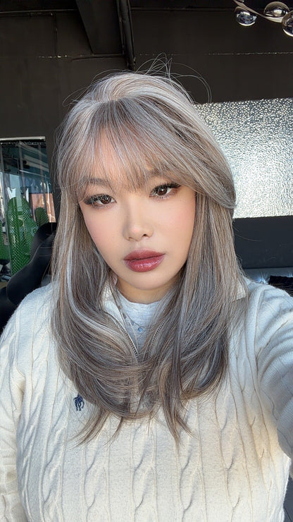 JBEXTENSION 20 Inches Scalpiana Camel Highlight Wolf Cut 3.5X4 Hard Silky Top Natural Scalp Effect Wig With Bangs LILA CAMEL HIGHLIGHT