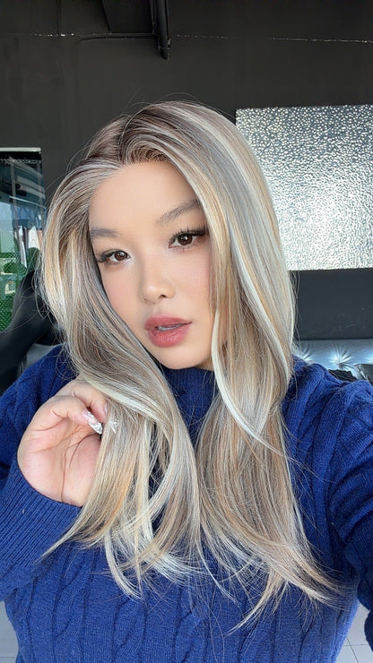 JBEXTENSION 22 Inches Silver Sand Blonde Pre-Cut Frontlace Glueless Wig MüLLER SILVER SAND BLONDE