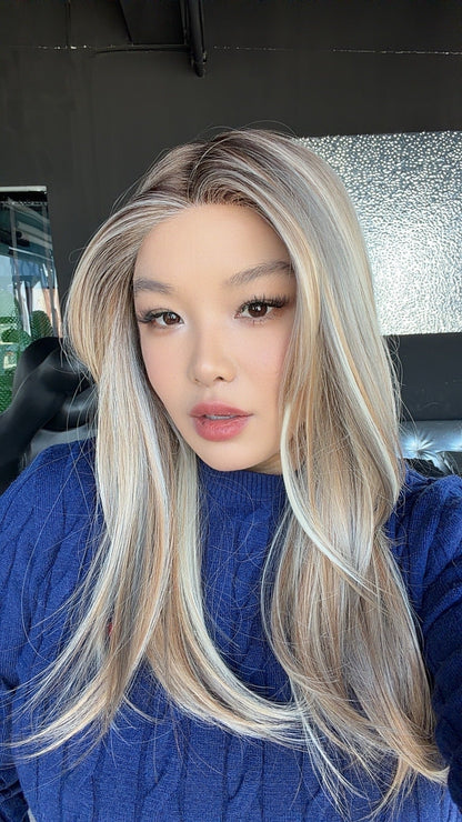 JBEXTENSION 22 Inches Silver Sand Blonde Pre-Cut Frontlace Glueless Wig MüLLER SILVER SAND BLONDE