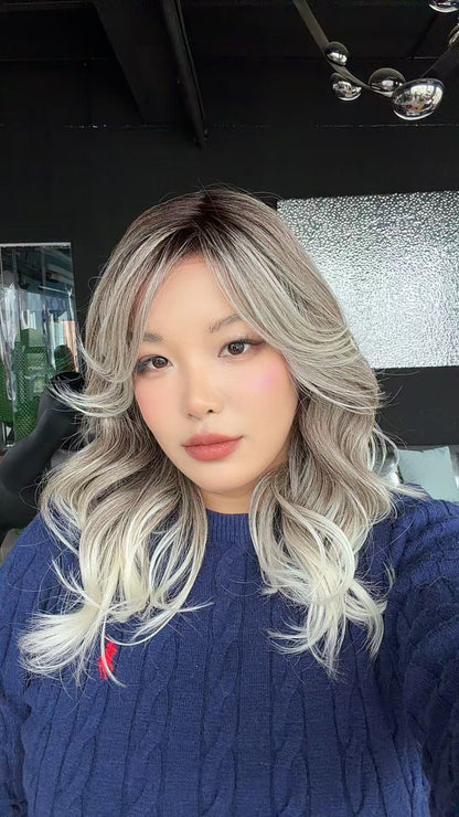 JBEXTENSION 18 Inches Curly Smog Ash Grey Pre-Cut Side Part Snowflake Lace Frontlace Glueless Wig PAMELA SNOWFLAKE【BENDY EAR TABS】