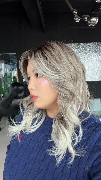 JBEXTENSION 18 Inches Curly Smog Ash Grey Pre-Cut Side Part Snowflake Lace Frontlace Glueless Wig PAMELA SNOWFLAKE【BENDY EAR TABS】