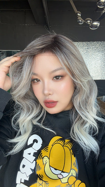 JBEXTENSION 18 Inches Curly Smog Ash Grey Pre-Cut Side Part Snowflake Lace Frontlace Black Sapphire Glueless Wig PAMELA - BLACK SAPPHIRE【BENDY EAR TABS】