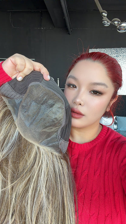JBEXTENSION 22 Inches Hazelnut Blonde Highlight Pre-Cut 13X6 Free Part Snowflake Lace Frontlace Glueless Wig KEL PRO - HAZELNUT【BENDY EAR TABS】