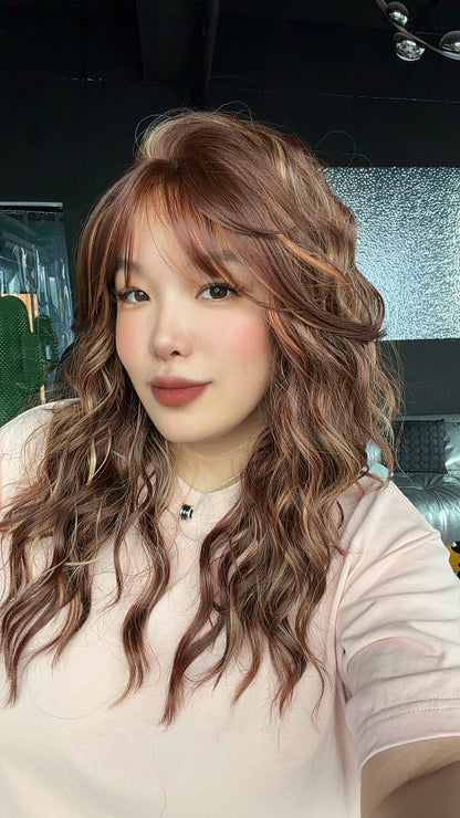 JBEXTENSION 22 Inches Scalpiana Long Wave Toasted Sienna 3.5X4 Hard Silky Top Natural Scalp Effect Wig with Bangs OSSIE TOASTED SIENNA