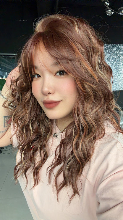 JBEXTENSION 22 Inches Scalpiana Long Wave Toasted Sienna 3.5X4 Hard Silky Top Natural Scalp Effect Wig with Bangs OSSIE TOASTED SIENNA
