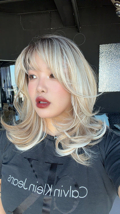 JBEXTENSION 18 Inches Scalpiana Curly Light Mix Blonde 3.5X4 Hard Silky Top Natural Scalp Effect Wig with Bangs EMILY LIGHT MIX BLONDE