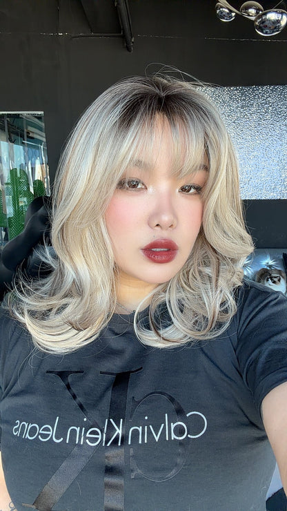 JBEXTENSION 18 Inches Scalpiana Curly Blonde Highlight 3.5X4 Hard Silky Top Natural Scalp Effect Wig with Bangs EMILY BLONDE HIGHLIGHT