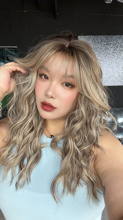 JBEXTENSION 22 Inches Scalpiana Long Wave Blonde Highlight 3.5X4 Hard Silky Top Natural Scalp Effect Wig with Bangs OSSIE BLONDE HIGHLIGHT