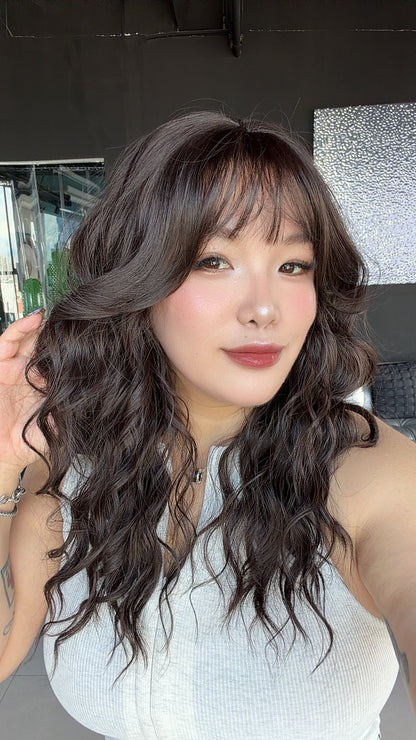 JBEXTENSION 22 Inches Scalpiana Long Wave Midnight Brown(Black/Brown) 3.5X4 Hard Silky Top Natural Scalp Effect Wig with Bangs OSSIE MIDNIGHT BROWN