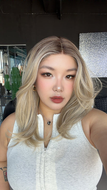 JBEXTENSION STACY MONO Monofilament Handmade Wig 6X5 Full Monofilament Hand Tied Top Wig 18 Inches Mix Blonde Mono Lace Wig with Anti-slip Silicone Strips Glueless Wig STACY MONO - MIX BLONDE【BENDY EAR TABS】